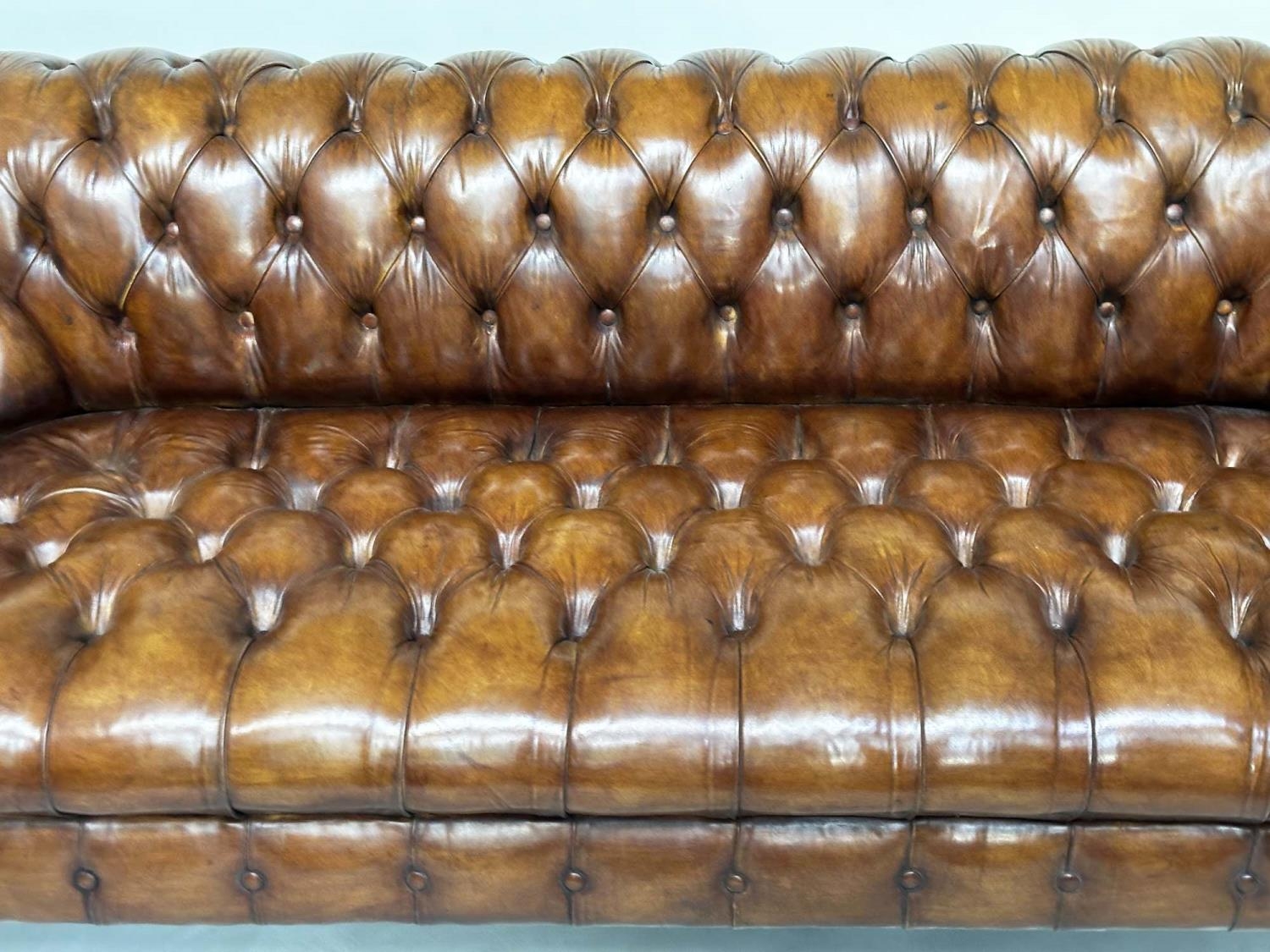 CHESTERFIELD SOFA, natural brass studded soft antique tan brown leather with deep buttoned arched - Image 8 of 9
