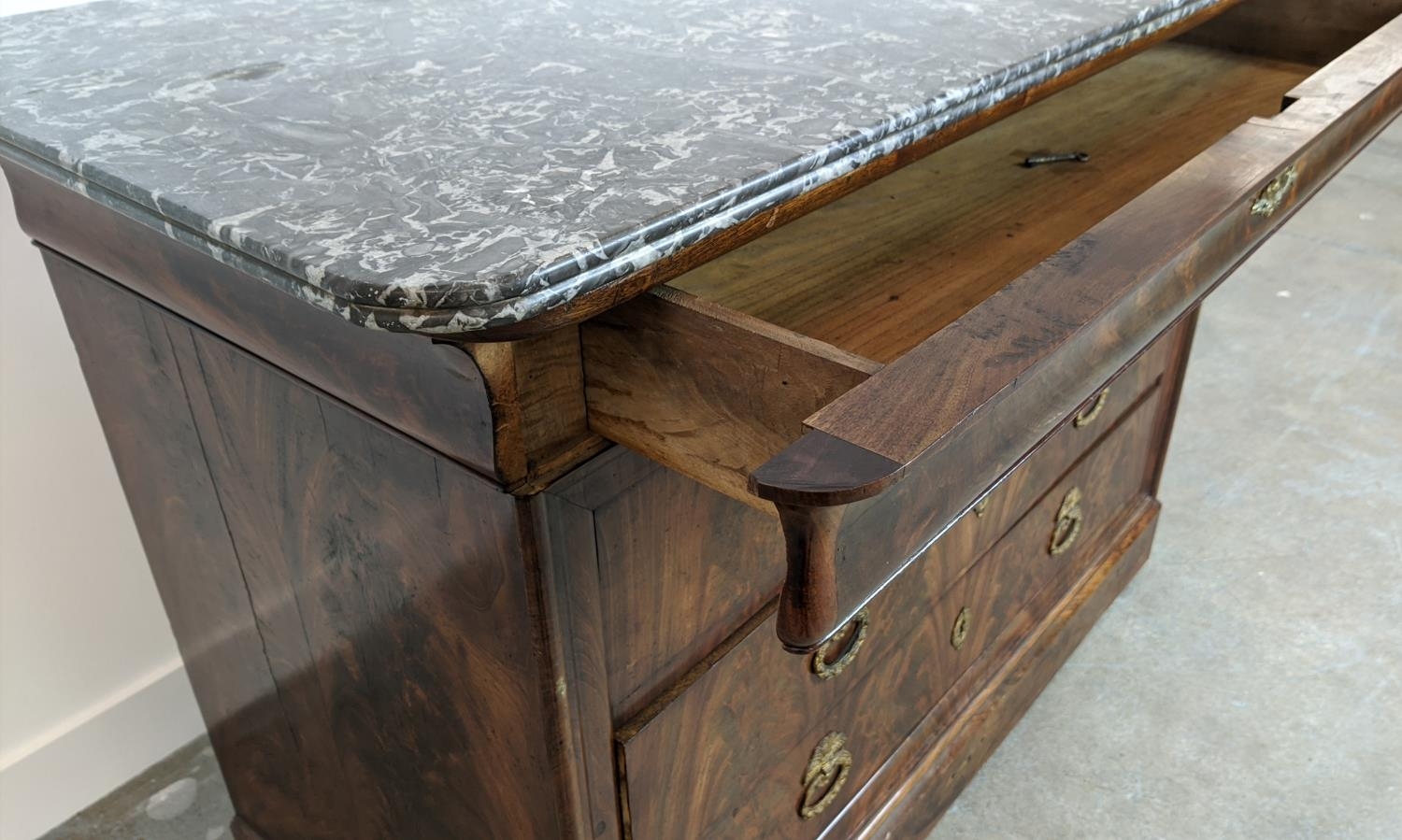 COMMODE, Louis Philippe mahogany with grey marble top above four drawers, 93cm H x 131cm x 63cm. - Image 8 of 11