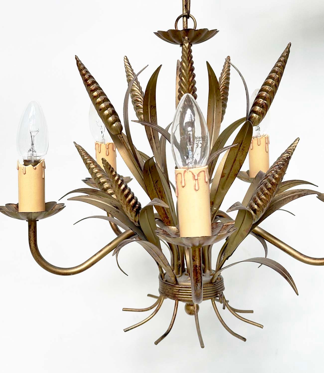 CHANDELIER, mid 20th century five branch gilt metal toleware leaf form with corn ears, 61cm H - Image 3 of 6
