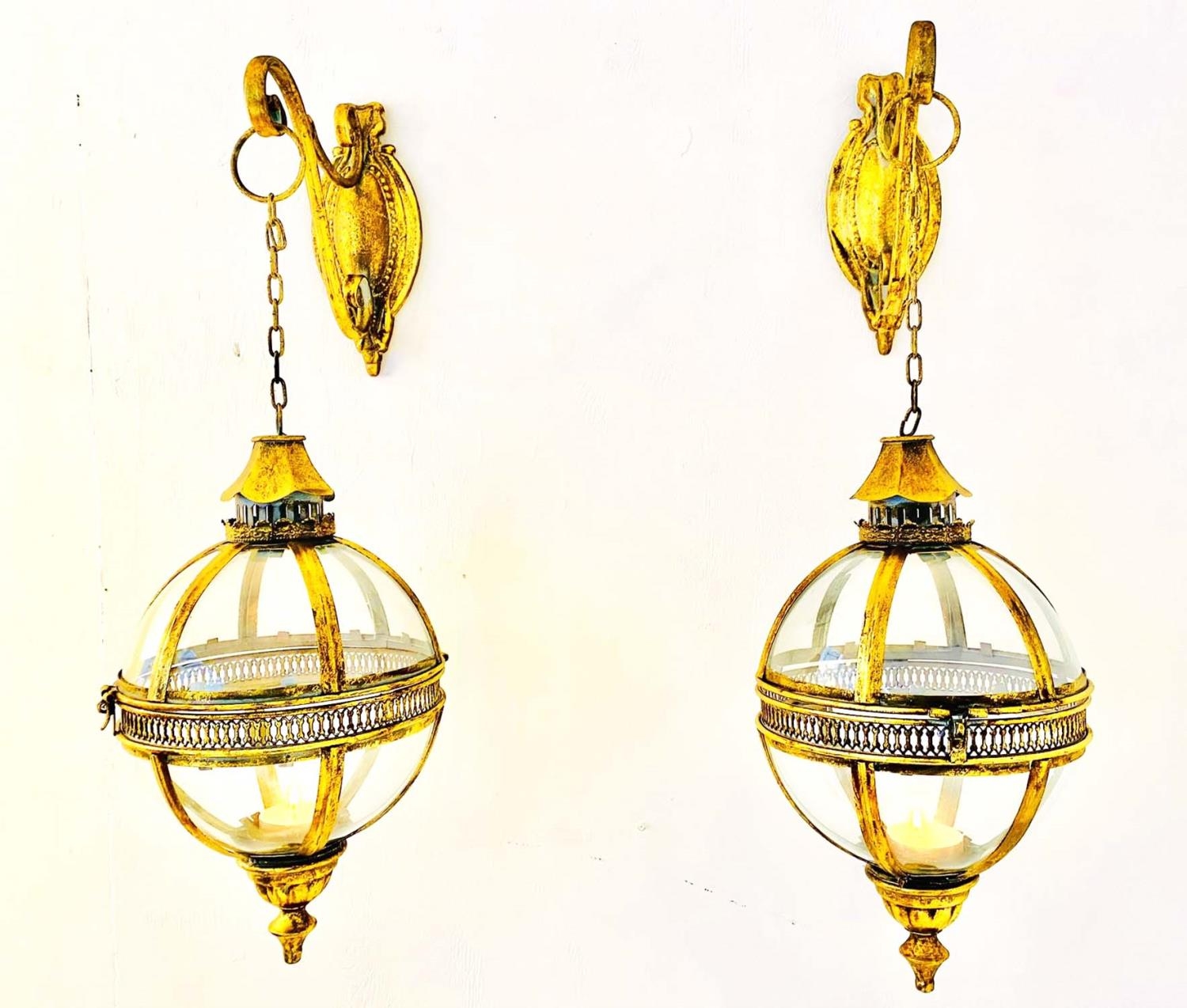 WALL HANGING GLOBE CANDLE LANTERNS, a pair, Regency style gilt metal, 80cm H x 25cm. (2) - Image 2 of 4