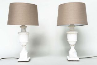 ALBASTER TABLE LAMPS, a pair, urn form on square plinth bases, 54cm H. (2)