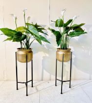 FAUX PEACE LILLIES, a pair, in gilt metal planters, 110cm H (2)