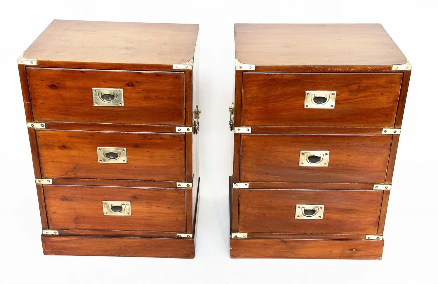 CAMPAIGN STYLE CHESTS, a pair, yewwood and brass bound each with three drawers, 46cm x 38cm x 63cm - Image 4 of 9