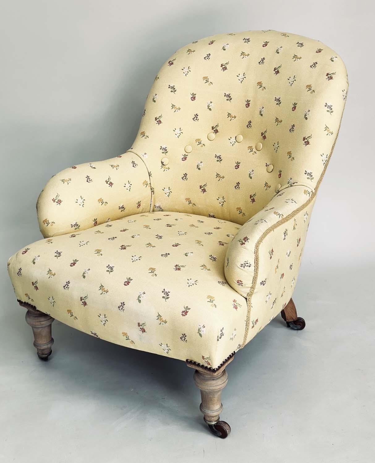 ARMCHAIR, 19th century primrose yellow and floral sprays with buttoned back and turned supports, - Image 2 of 9