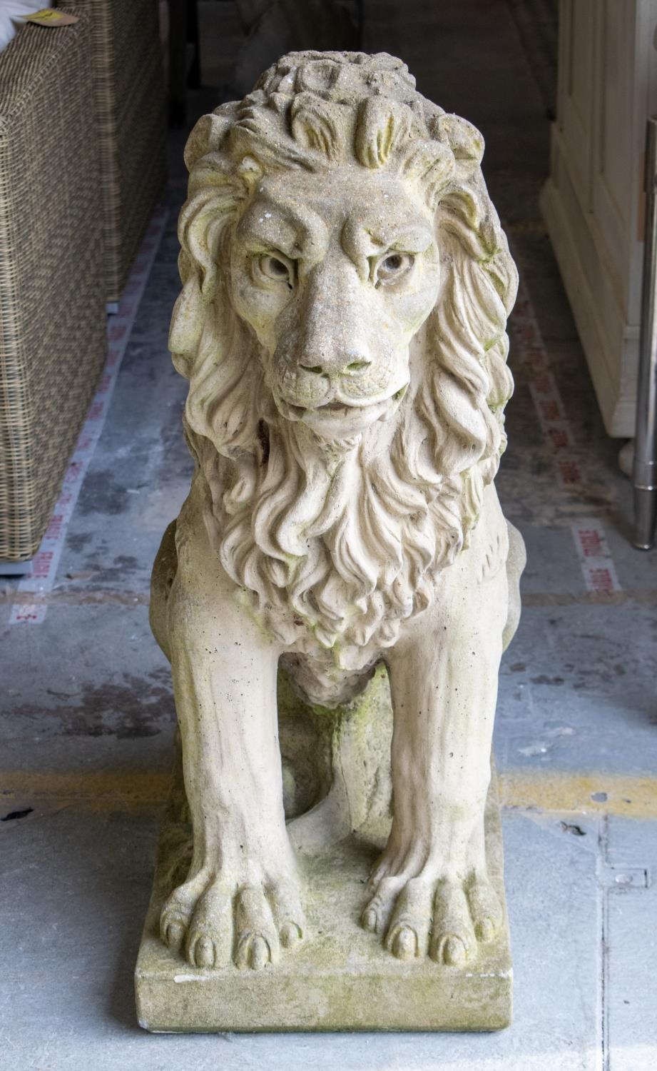 GARDEN LIONS, a pair, reconstituted stone, 94cm H x 41cm x 70cm. (2) - Image 2 of 4