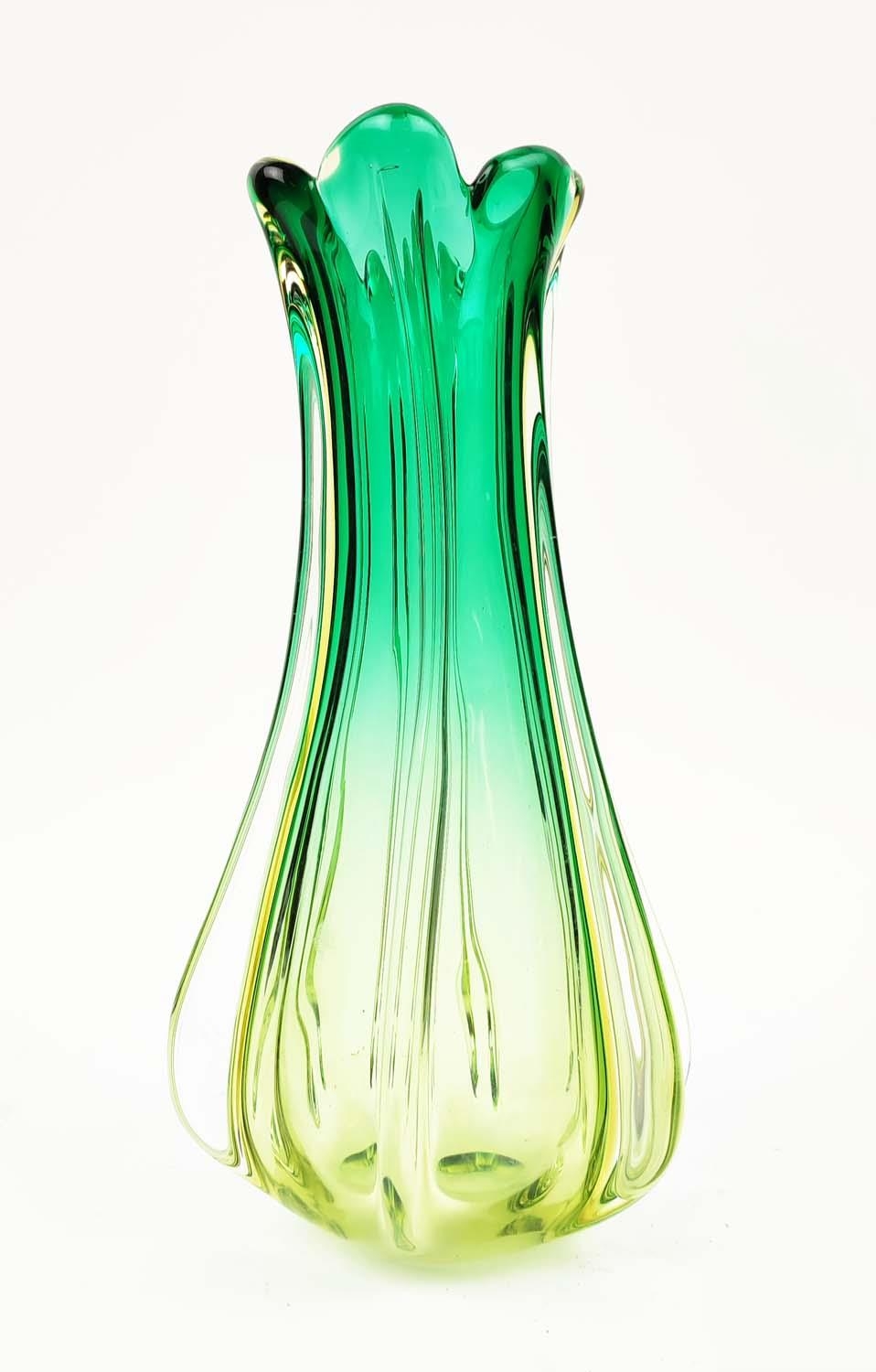 MURANO GLASS VASE, late 20th century, in green and lime green colourway, of lobed waisted form, 28cm - Image 3 of 8
