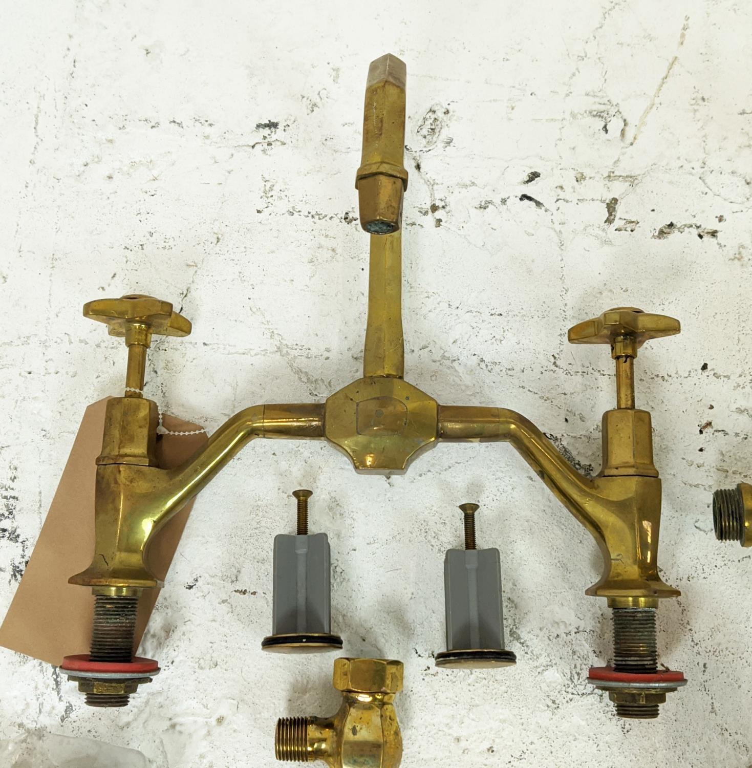 TAPS, brass, French Art Deco design, one pair of basin taps, one mixer tap and a mixer/shower bath - Image 3 of 6