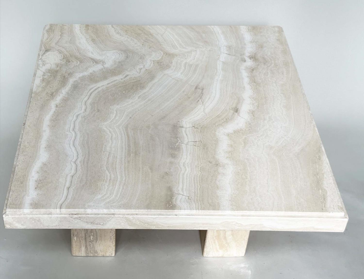 TRAVERTINE LOW TABLE, 1970's Italian travertine marble square with plinth support, 100cm x 100cm x - Image 9 of 9