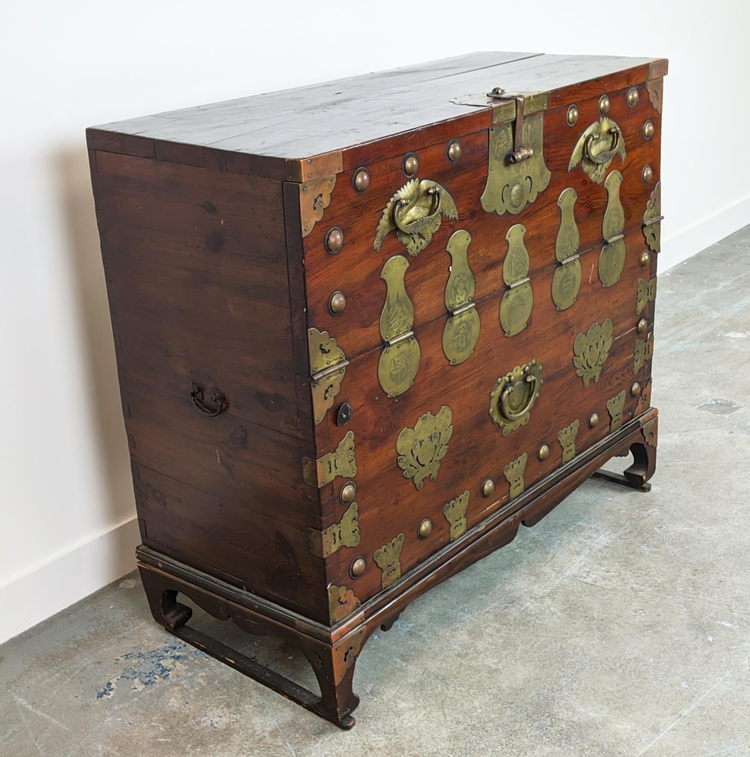 CHEST, 19th century Korean firwood and brass mounted with fall front enclosing four drawers, 99cm - Image 3 of 15