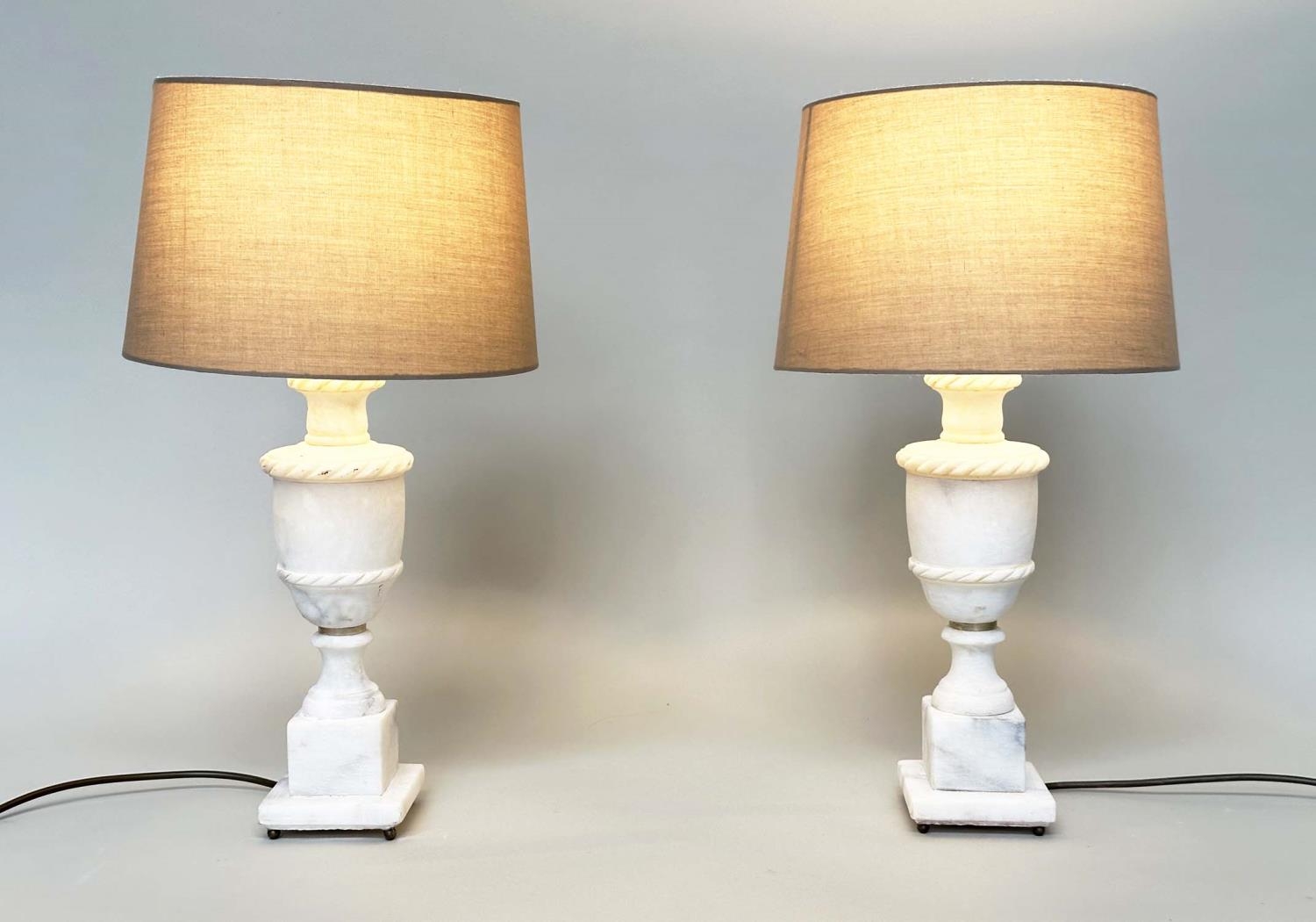 ALBASTER TABLE LAMPS, a pair, urn form on square plinth bases, 54cm H. (2) - Image 6 of 10