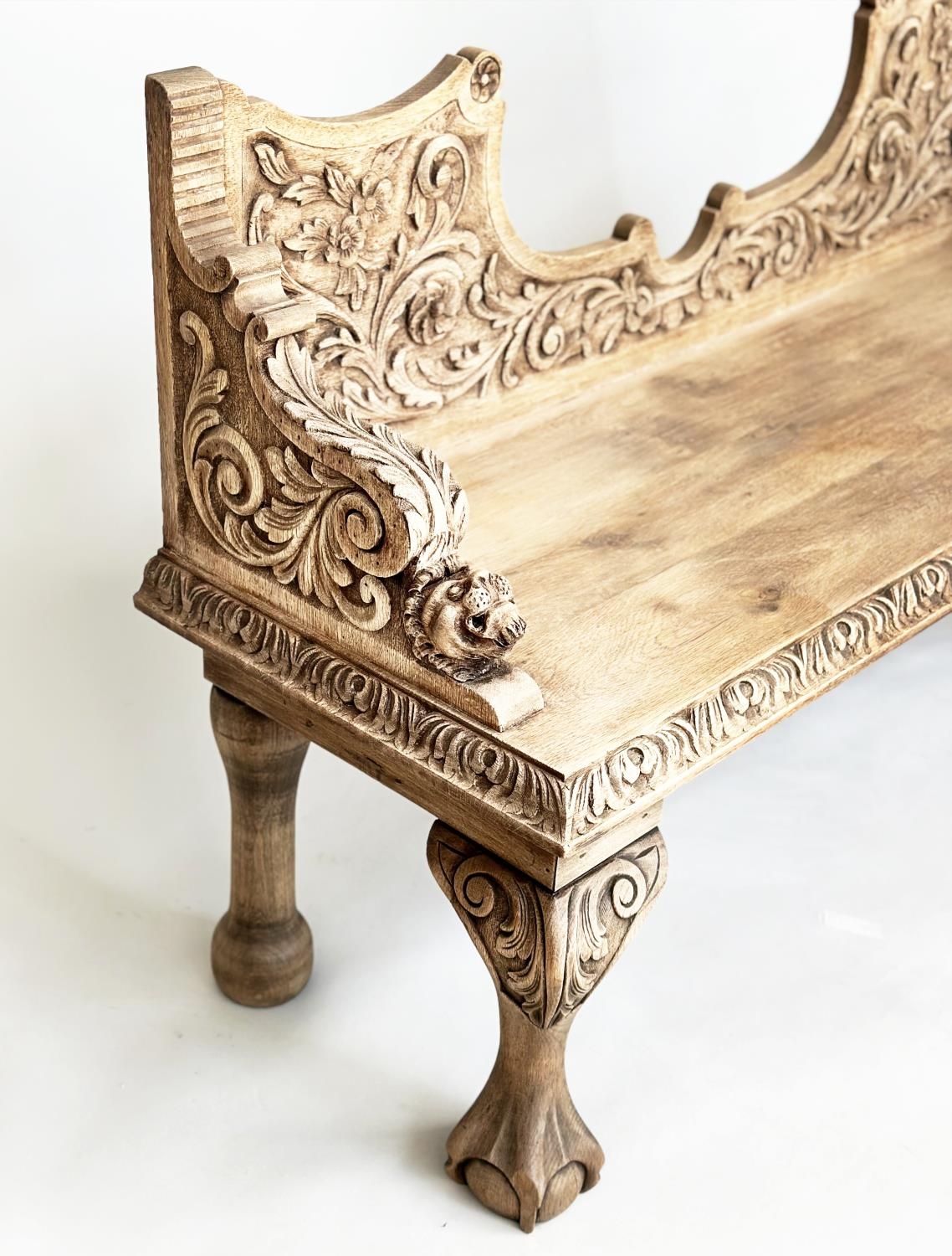 HALL SEAT, 19th century oak with carved back and arms and cabriole supports, 85cm H x 143cm W x 49cm - Image 6 of 9