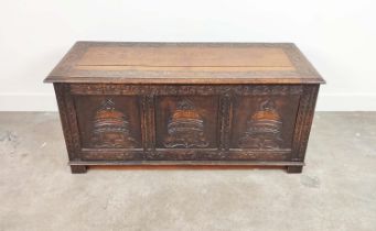COFFER, Jacobean style oak with hinged carved top, 53cm H x 122cm x 50cm.