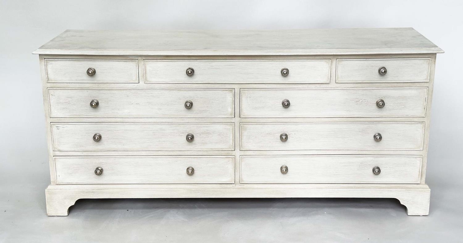 LOW CHEST, Georgian style grey painted with nine drawers and bracket supports, 152cm x 43cm x 67cm