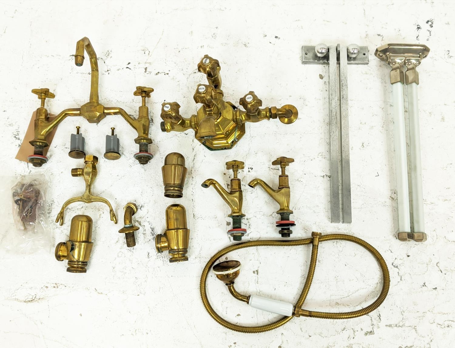 TAPS, brass, French Art Deco design, one pair of basin taps, one mixer tap and a mixer/shower bath