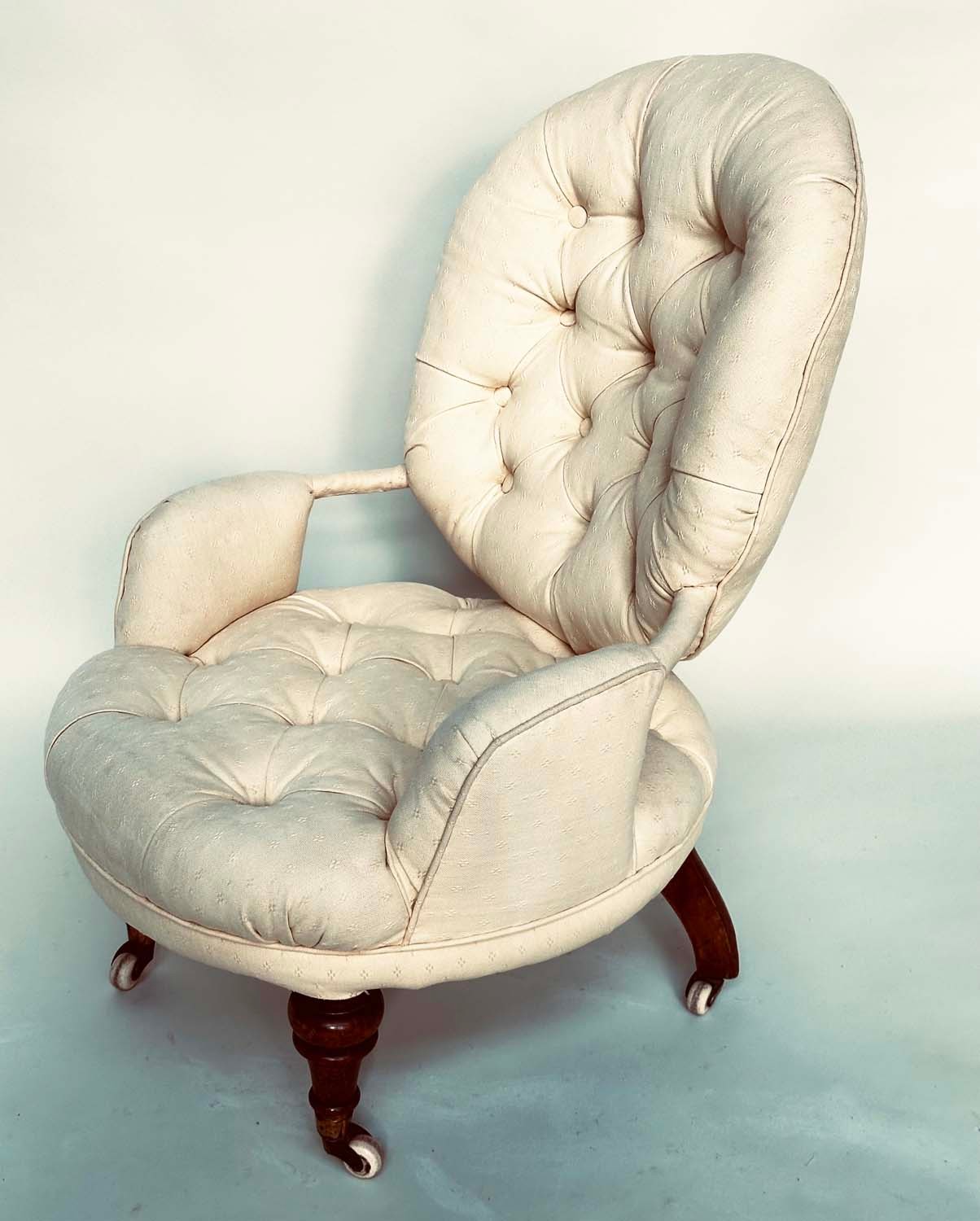 SLIPPER ARMCHAIR, 19th century button upholstered, yellow fabric with turned front supports, 46cm W. - Image 6 of 9