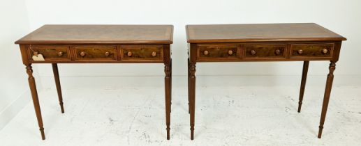 LAMP TABLES, a pair, Victorian design burr walnut with three frieze drawers raised on turned