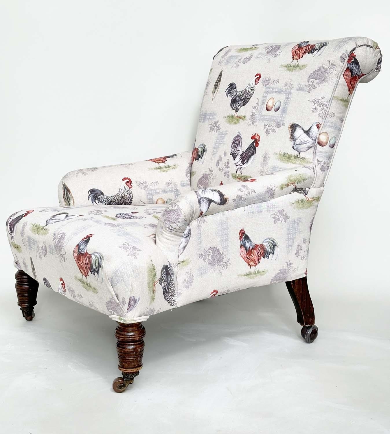 ARMCHAIR, early 20th century mahogany with cockerel and hen print upholstery and turned front - Image 2 of 7