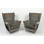 ARMCHAIRS, a pair, 1950s Italian style, grey velvet upholstery on tapered supports, 98cm H x 78cm