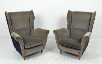 ARMCHAIRS, a pair, 1950s Italian style, grey velvet upholstery on tapered supports, 98cm H x 78cm