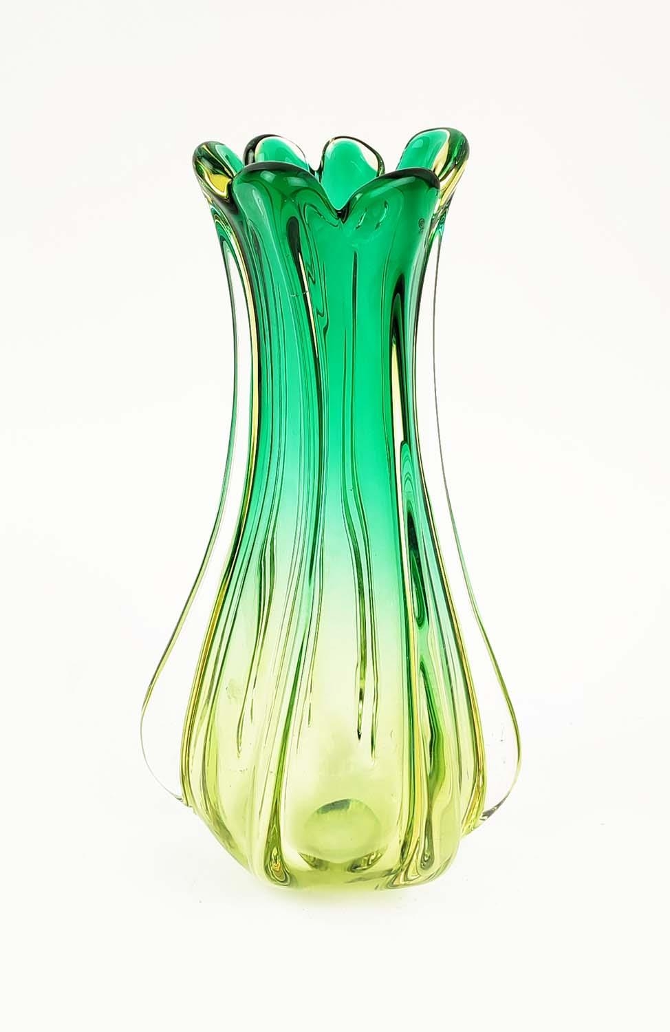MURANO GLASS VASE, late 20th century, in green and lime green colourway, of lobed waisted form, 28cm - Image 2 of 8