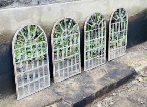 ARCHITECTURAL GARDEN WALL MIRRORS, a set of four, distressed metal arched frames, 60cm H x 36cm. (4)