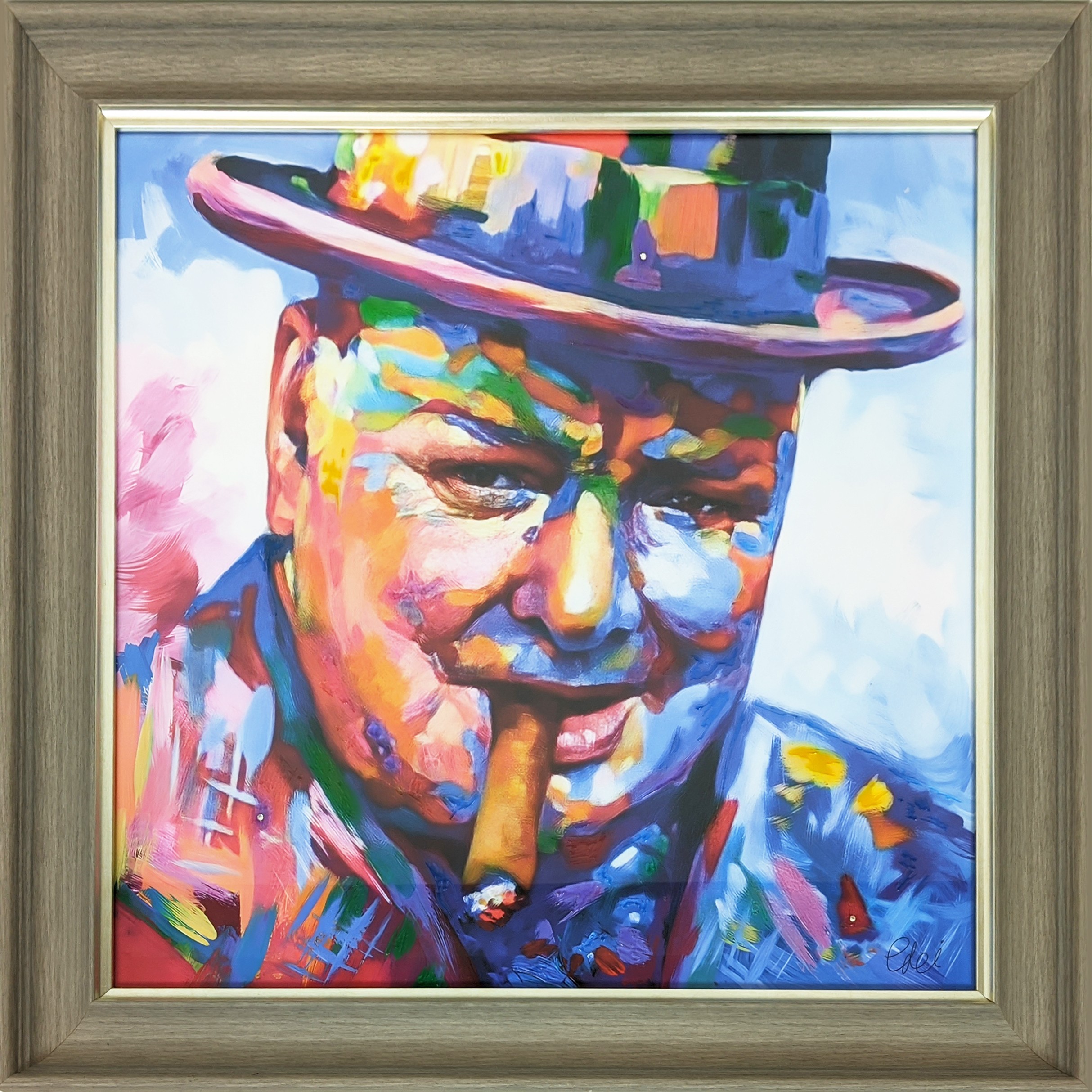 PRINT OF CHURCHILL, polychrome finish, framed, 87cm H x 87cm W.