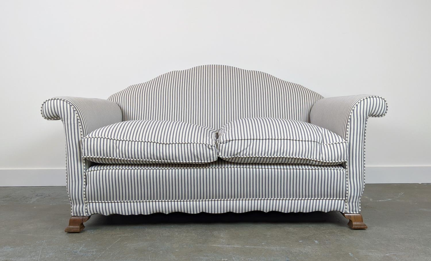 SOFA, early 20th century walnut in new ticking upholstery, 80cm H x 154cm. - Image 2 of 6