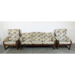 SOFA, circa 1970, Danish teak with floral cushions, 75cm H x 185cm x 76cm and a pair of matching