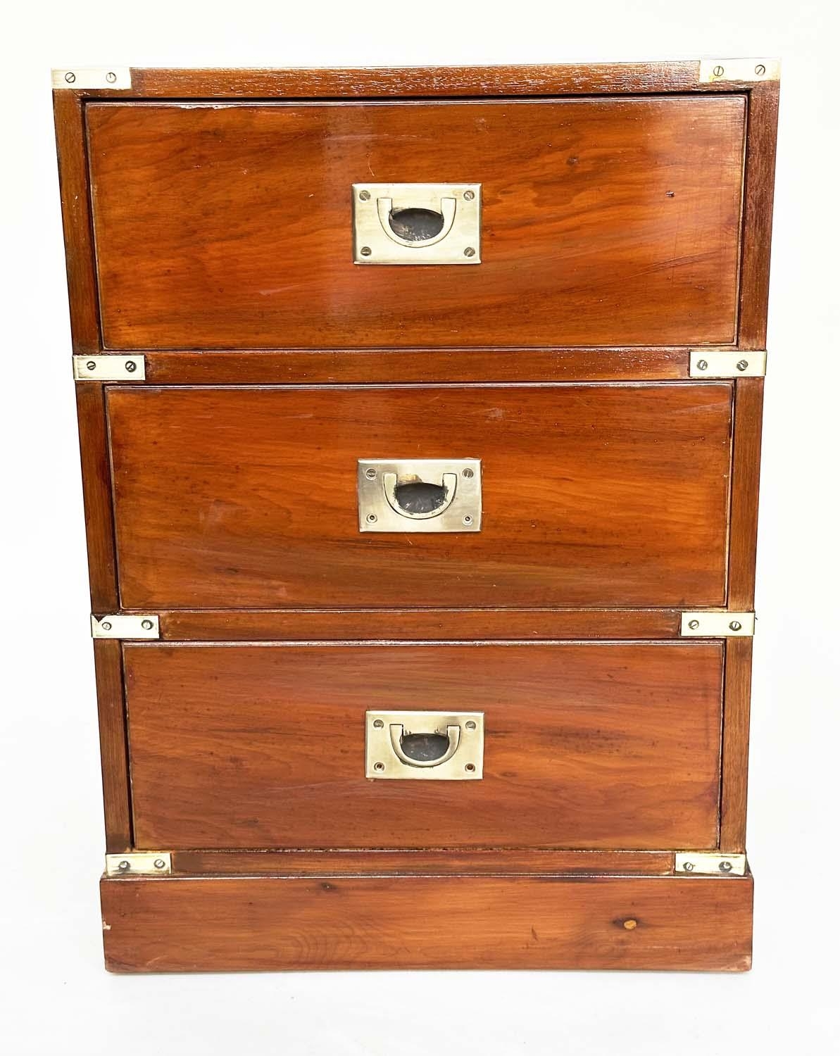 CAMPAIGN STYLE CHESTS, a pair, yewwood and brass bound each with three drawers, 46cm x 38cm x 63cm - Image 7 of 9