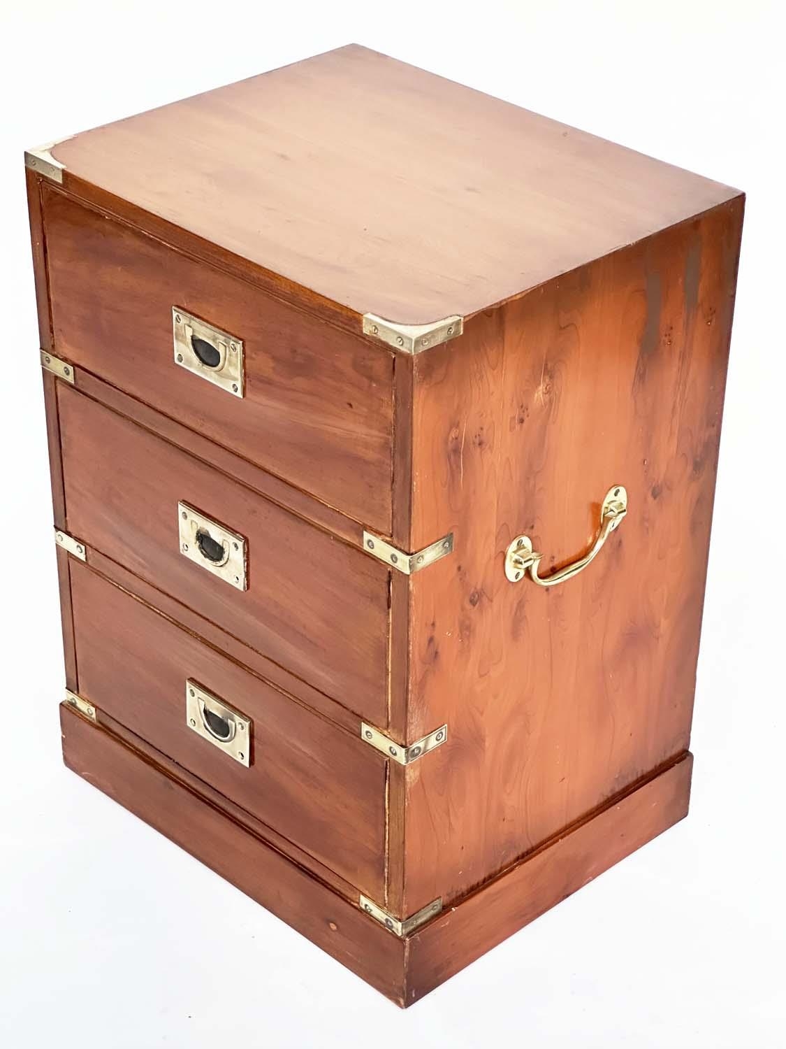 CAMPAIGN STYLE CHESTS, a pair, yewwood and brass bound each with three drawers, 46cm x 38cm x 63cm - Image 9 of 9