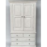 ARMOIRE, French style grey painted with two panelled doors enclosing hanging space above four