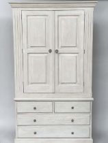 ARMOIRE, French style grey painted with two panelled doors enclosing hanging space above four