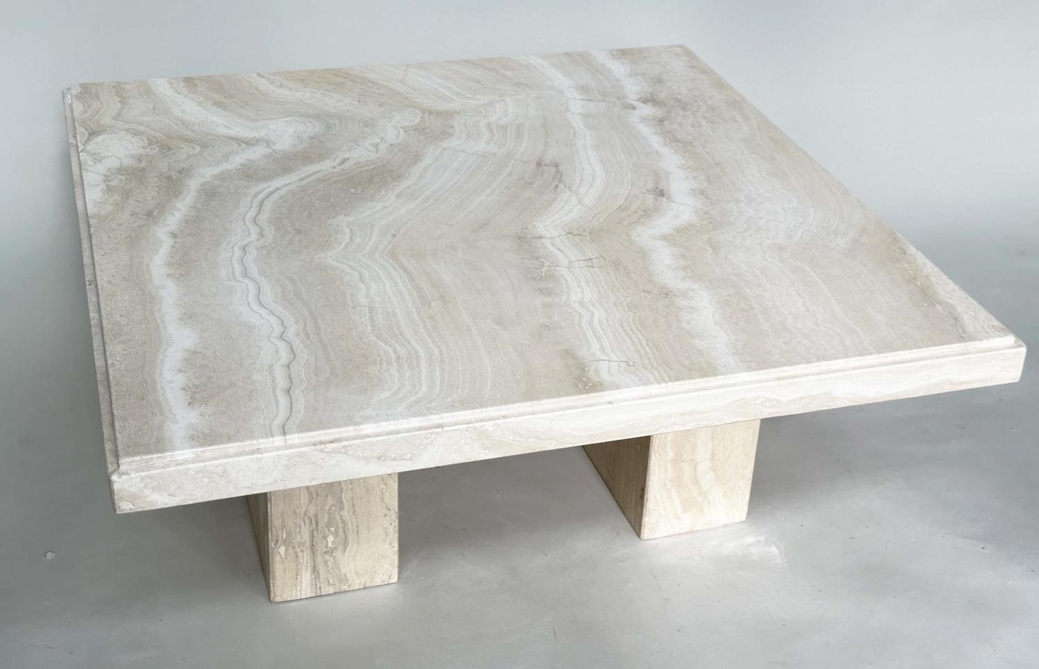 TRAVERTINE LOW TABLE, 1970's Italian travertine marble square with plinth support, 100cm x 100cm x - Image 8 of 9