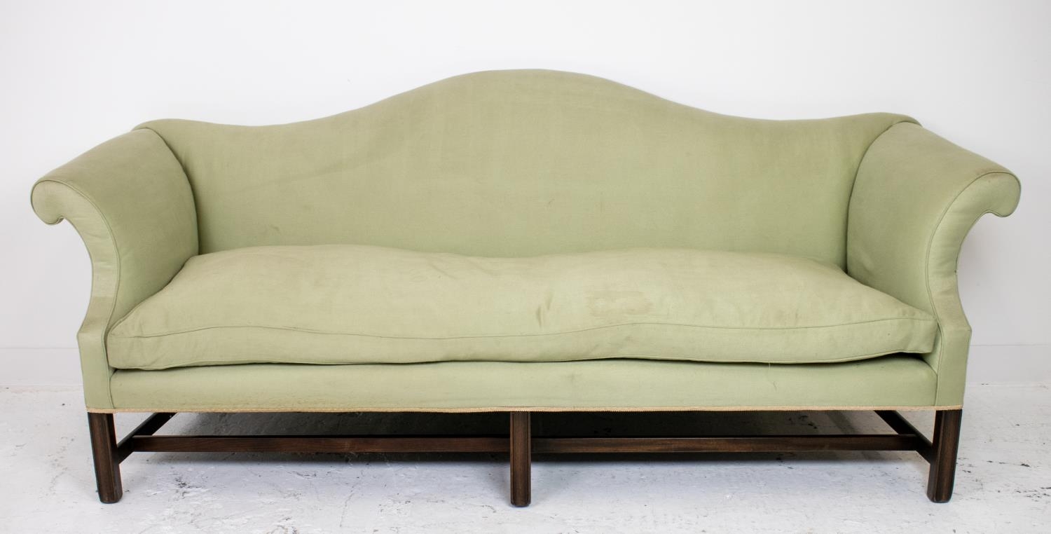 SOFA, George III style mahogany in pale green fabric, 92cm H x 217cm.