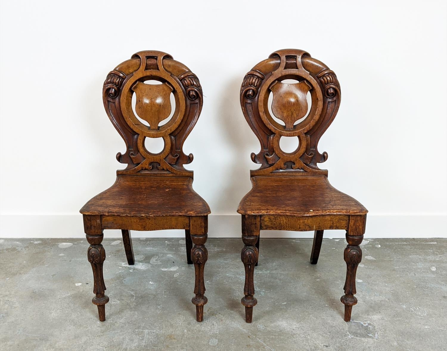 HALL CHAIRS, a pair, Victorian oak, with ornately carved and pierced backs. (2) - Image 11 of 11