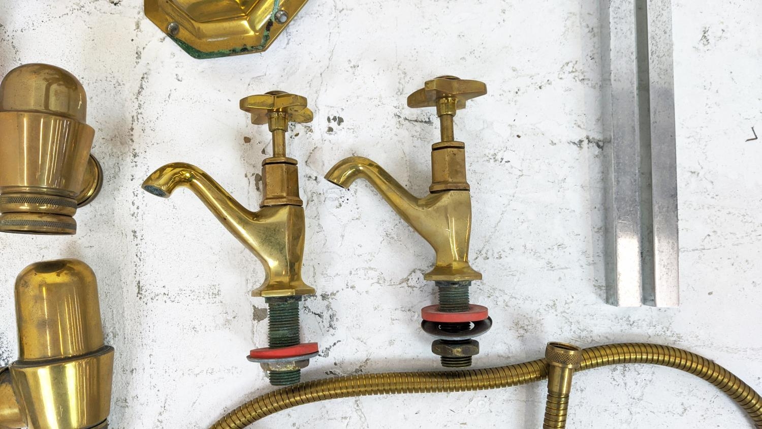 TAPS, brass, French Art Deco design, one pair of basin taps, one mixer tap and a mixer/shower bath - Image 4 of 6