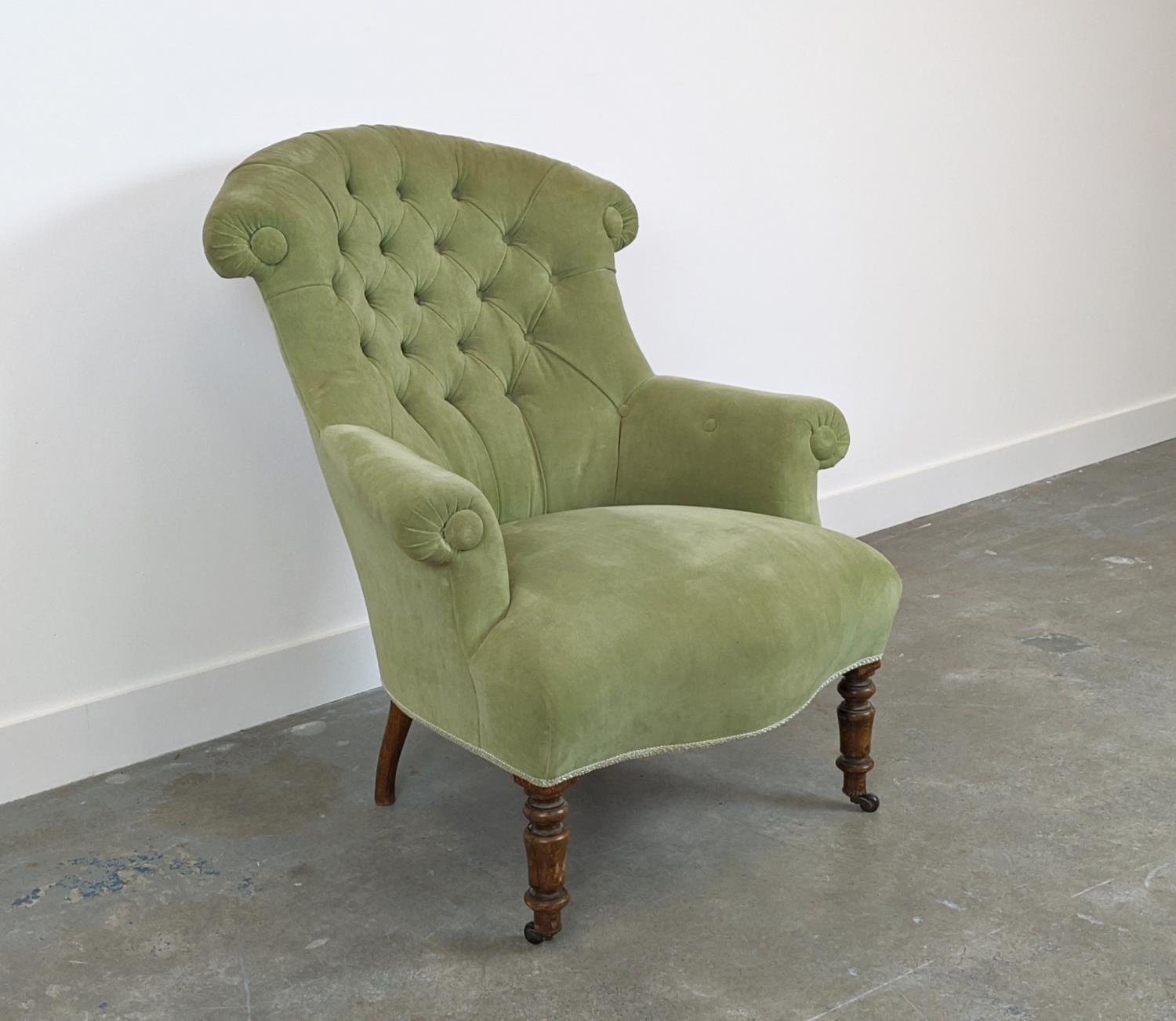 BERGERE, Napoleon III beechwood in green velvet with front castors, 93cm H x 79cm x 86cm.