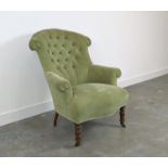 BERGERE, Napoleon III beechwood in green velvet with front castors, 93cm H x 79cm x 86cm.