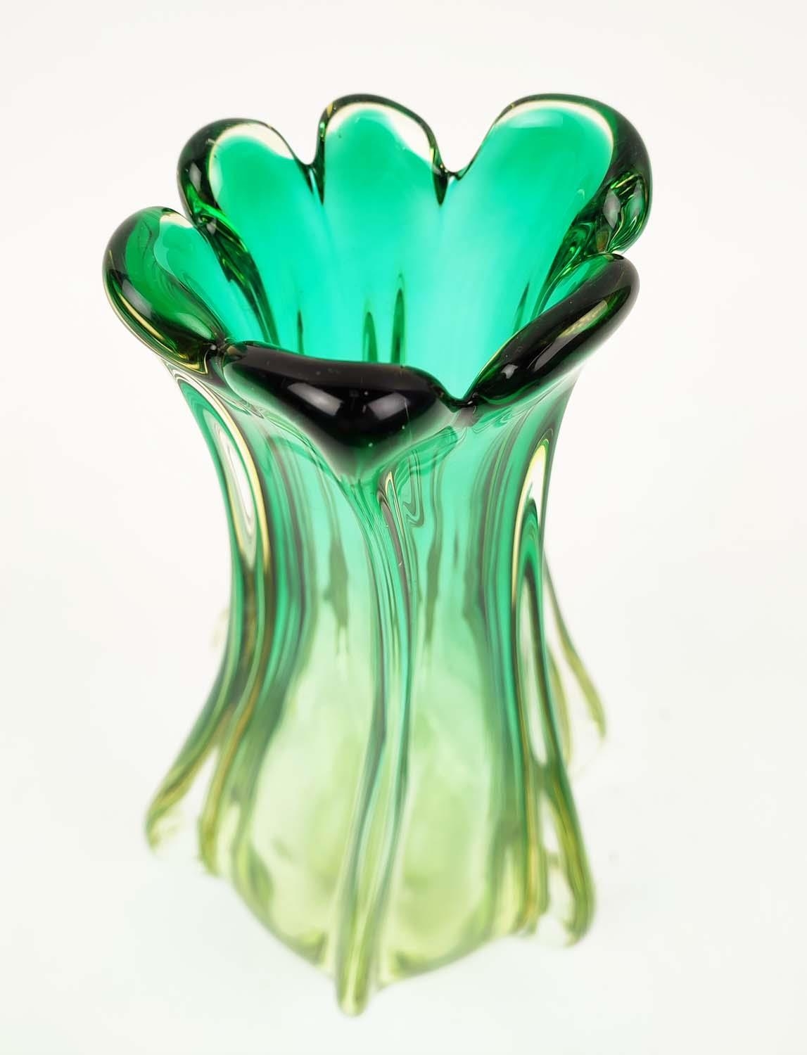 MURANO GLASS VASE, late 20th century, in green and lime green colourway, of lobed waisted form, 28cm - Image 6 of 8