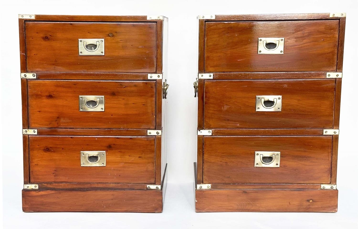 CAMPAIGN STYLE CHESTS, a pair, yewwood and brass bound each with three drawers, 46cm x 38cm x 63cm - Image 3 of 9