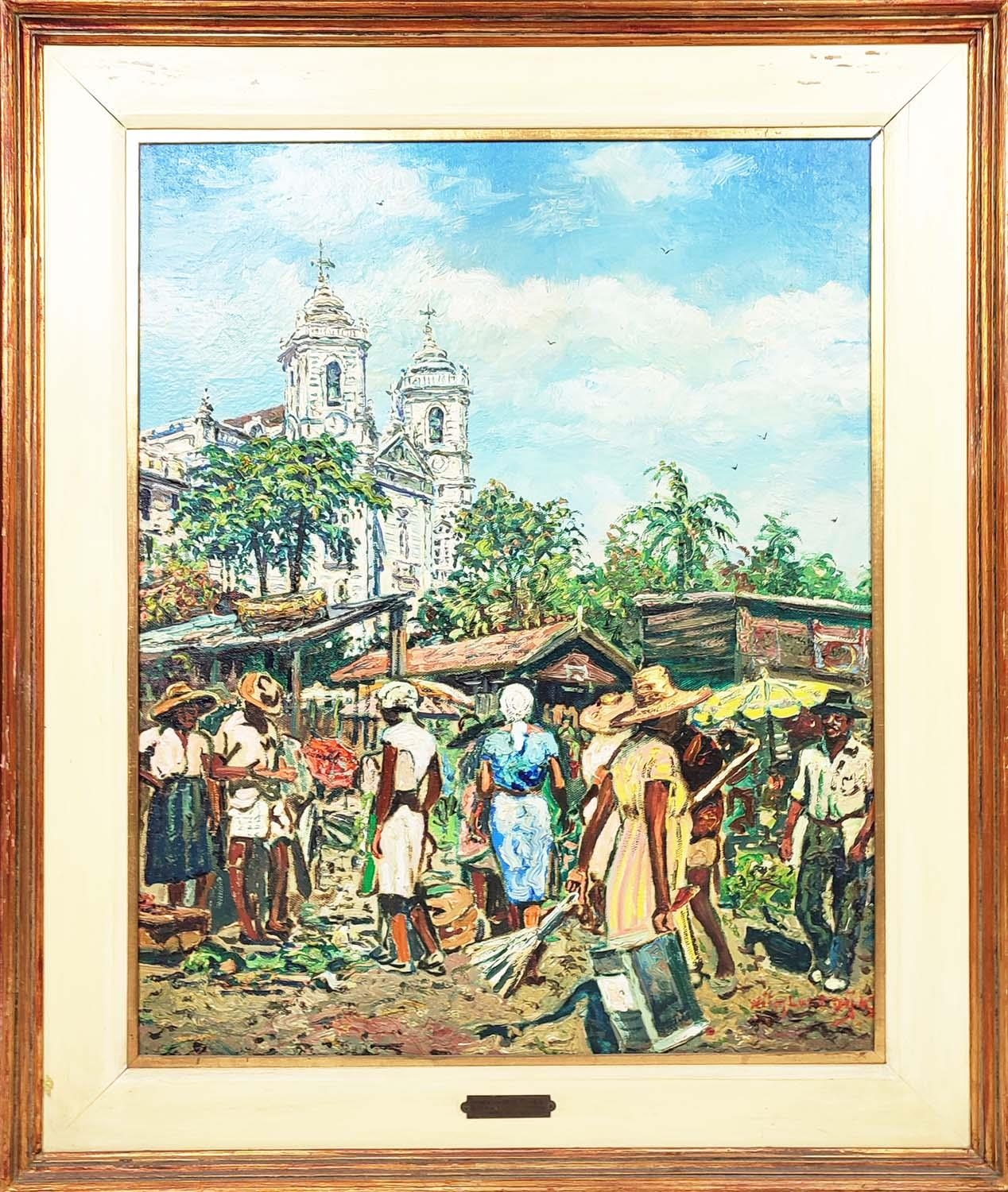 WIM L VAN DIJK (1915-1990) 'Bahia Brasil, Market Scene with Figures'. 103cm H x 86cm W, framed.