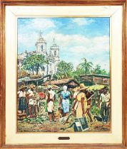 WIM L VAN DIJK (1915-1990) 'Bahia Brasil, Market Scene with Figures'. 103cm H x 86cm W, framed.