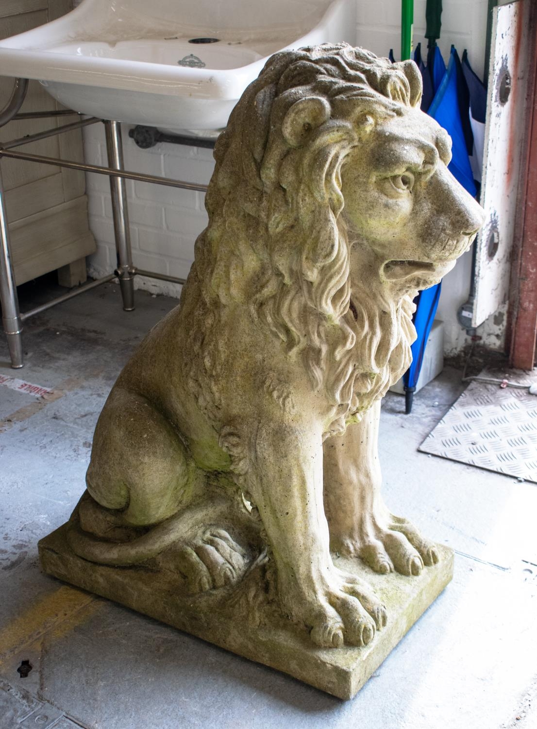 GARDEN LIONS, a pair, reconstituted stone, 94cm H x 41cm x 70cm. (2) - Image 4 of 4