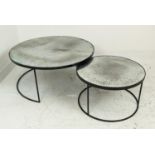 LOW TABLES, a nesting pair, with circular antiqued mirrored tops, largest 90cm W x 42cm H.