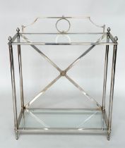 HALL TABLE, Neoclassical style chromium plated with upstand, columns and two tier glass shelves,
