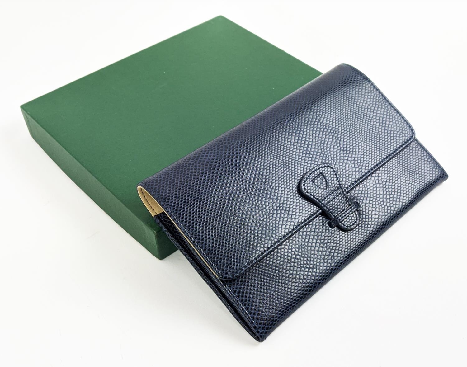 ASPINAL OF LONDON TRAVELLING WALLET, navy blue leather with contrasting suede and fabric lining, - Image 2 of 9