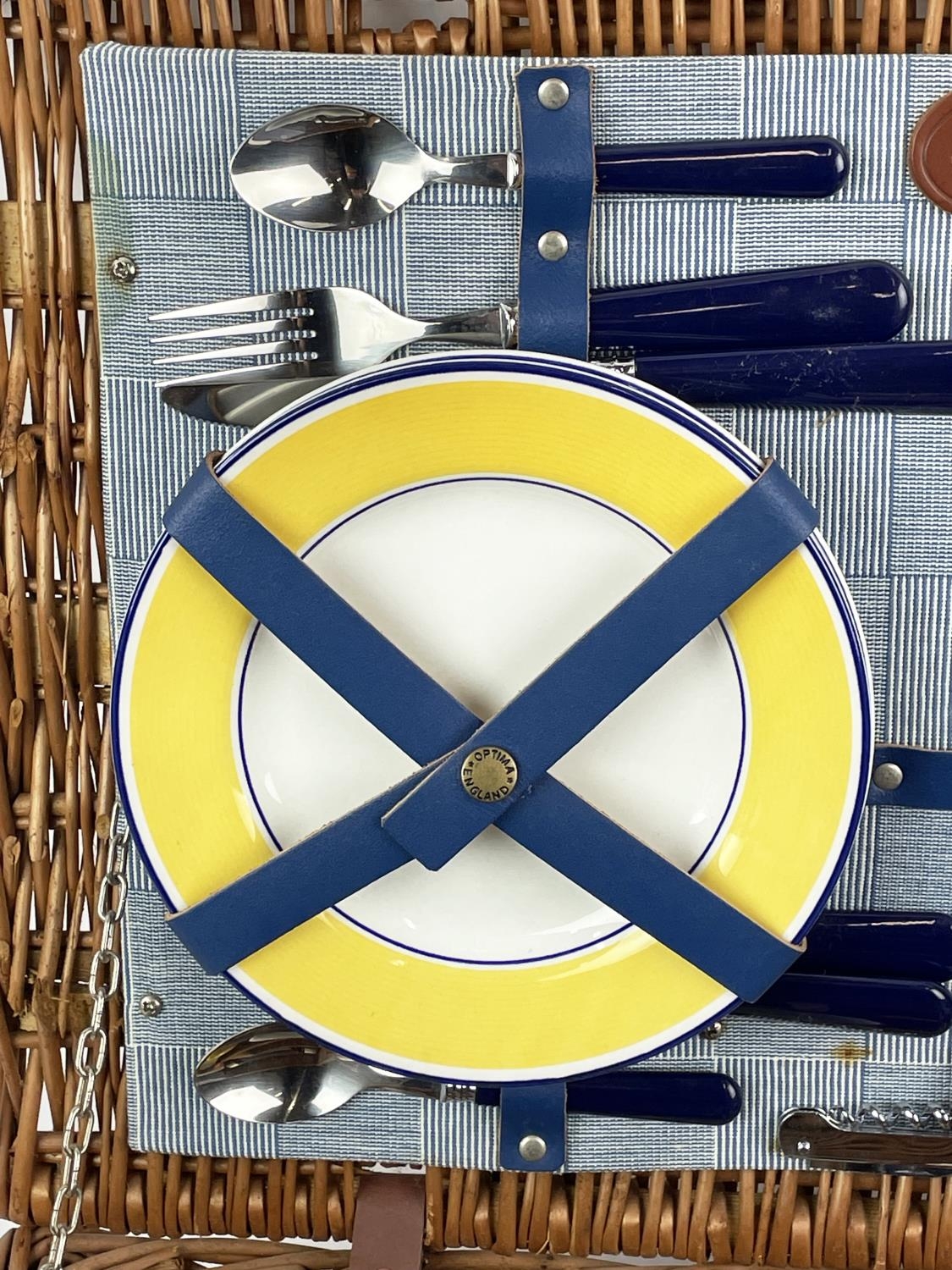 G.T.C. PICNIC BASKET, four place setting, including plates, cutlery, mugs, flask and tuperware in - Image 6 of 8