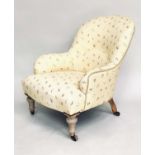 ARMCHAIR, 19th century primrose yellow and floral sprays with buttoned back and turned supports,