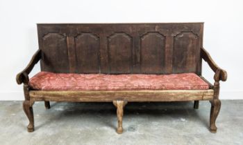 SETTLE, George III oak with rope seat and floral squab cushion, 100cm H x 167cm x 67cm.