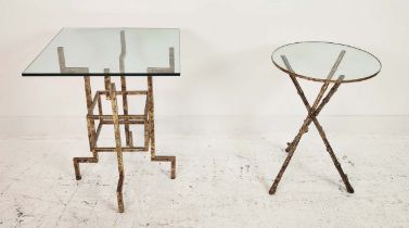 SIDE TABLES, two differing 1970s French inspired designs, gilt metal and glass. (2)